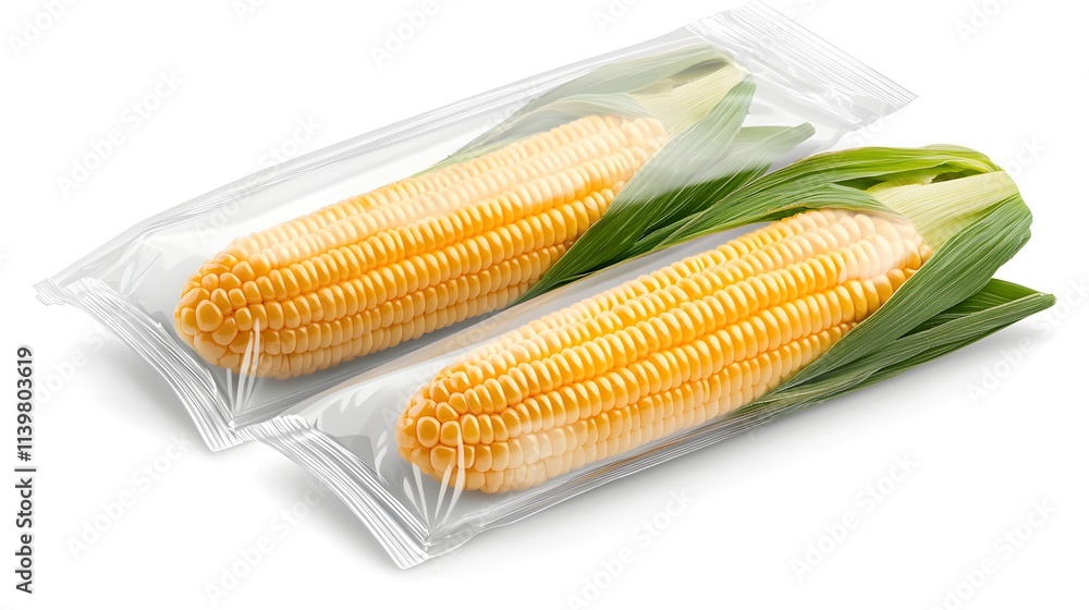 clear bag with two fresh yellow corn cobs, precise details, bright natural colors, isolated on white background clear bag with two fresh yellow corn cobs, precise details, bright natural colors, isolated on white background