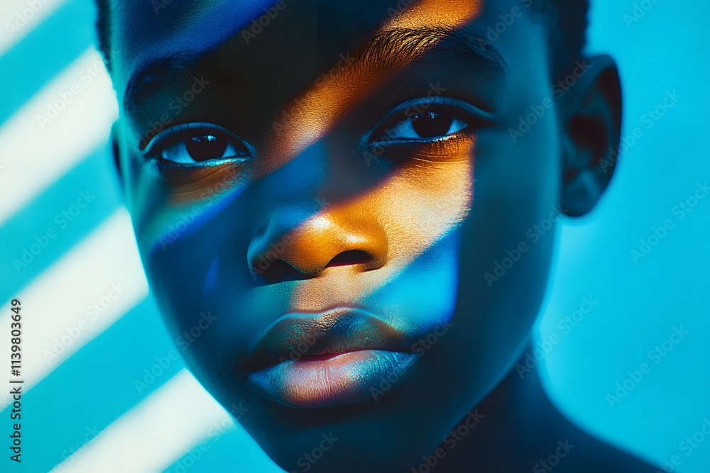 A double exposure of an African American boy's portrait with blue stripes, light effects, shadows A double exposure of an African American boy's portrait with blue stripes, light effects, shadows