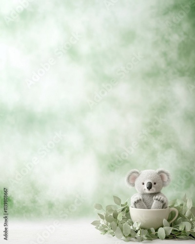 Cute koala plush toy in a cup with eucalyptus leaves against a green background. photo