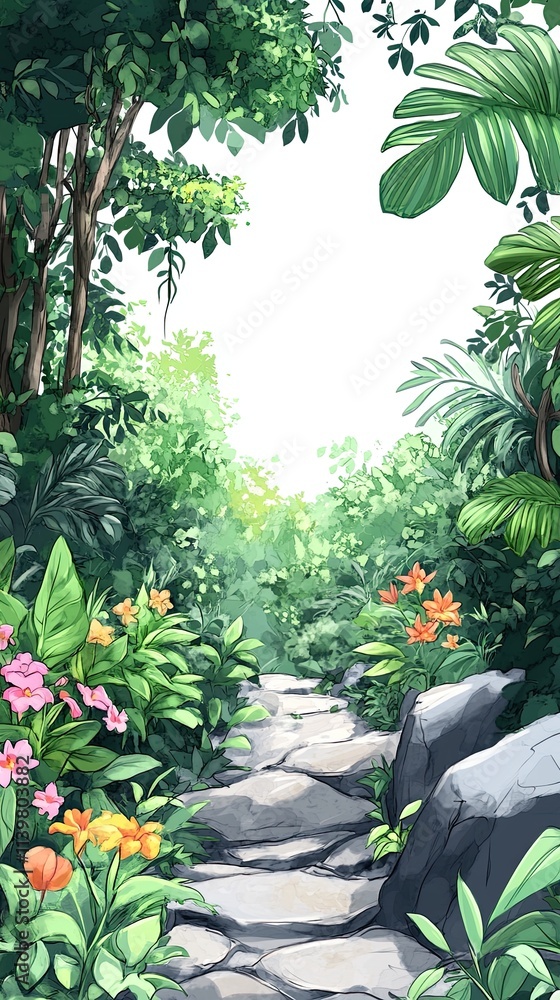 A stone path through a lush green jungle with vibrant flowers. A stone path through a lush green jungle with vibrant flowers.