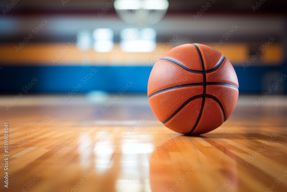 Orange basketball ball is sitting on the polished wooden floor of a brightly lit gymnasium Orange basketball ball is sitting on the polished wooden floor of a brightly lit gymnasium