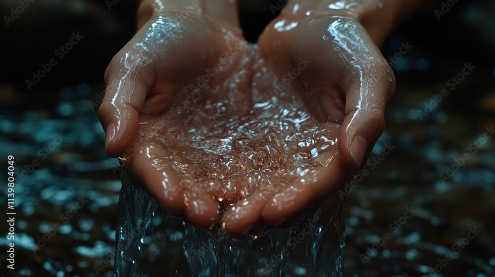 Fototapeta premium Close-up of hands cupping flowing water, glistening. Perfect for themes of nature, purity, and renewal.
