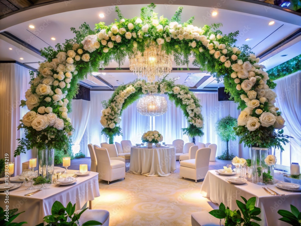 Fototapeta premium Wedding Banquet Hall: White Flower Arch, Green Decor, Wide-Angle Photography