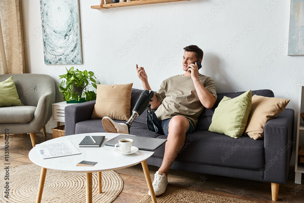 Young man with a prosthetic leg enjoys a phone call while relaxing on a cozy sofa indoors. Young man with a prosthetic leg enjoys a phone call while relaxing on a cozy sofa indoors.