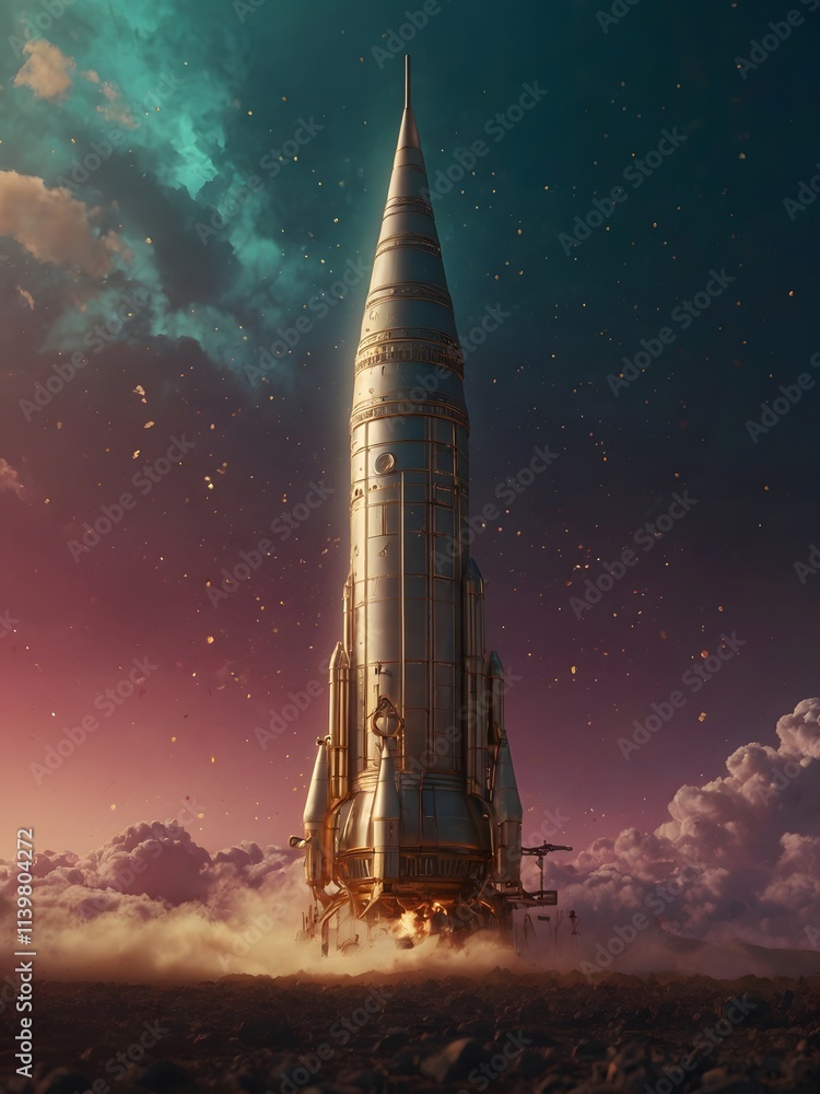 Fototapeta premium Retro Rocket Launch from an Alien World