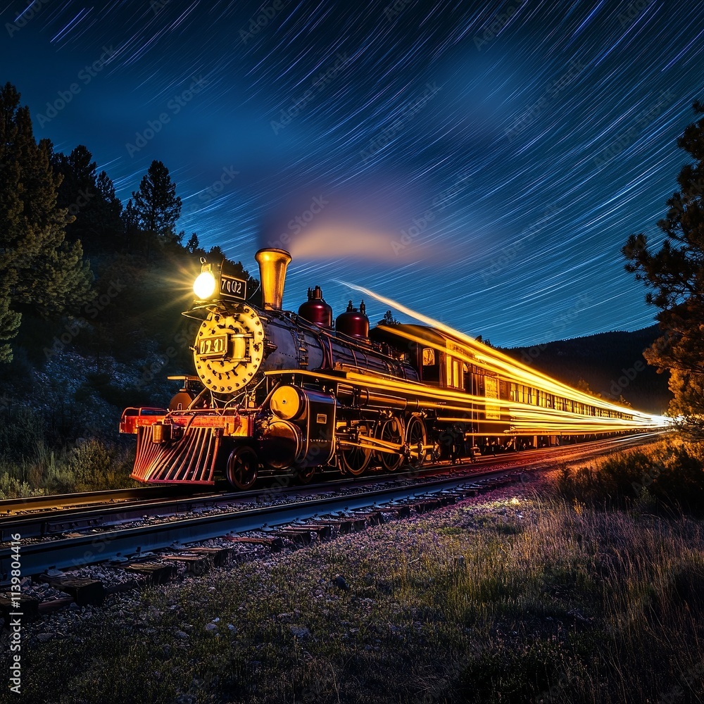 dynamic light trail photo of a train at night, long exposure shutter speed for smooth trails, dynamic light trail photo of a train at night, long exposure shutter speed for smooth trails,