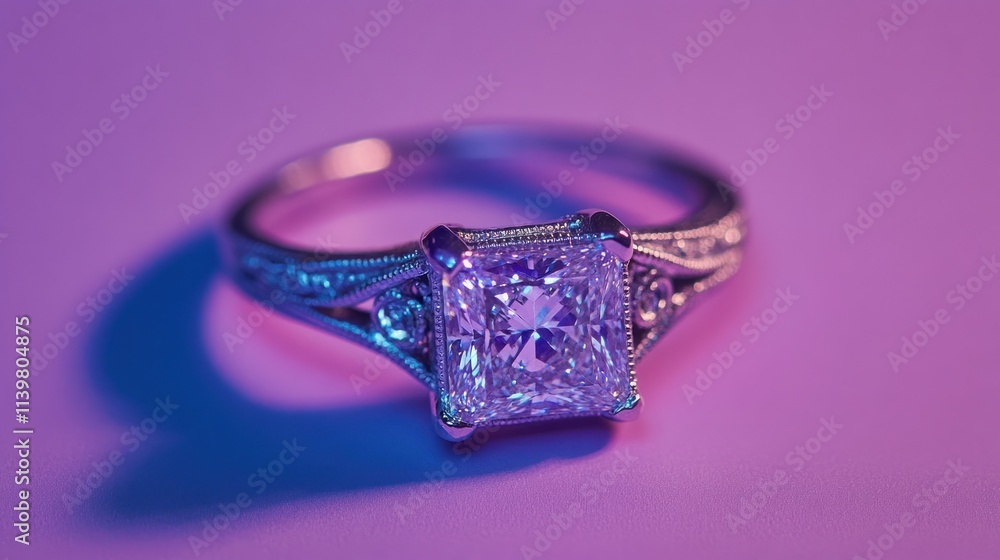 Elegant square cut diamond engagement ring, close-up, intricate filigree setting. Elegant square cut diamond engagement ring, close-up, intricate filigree setting.