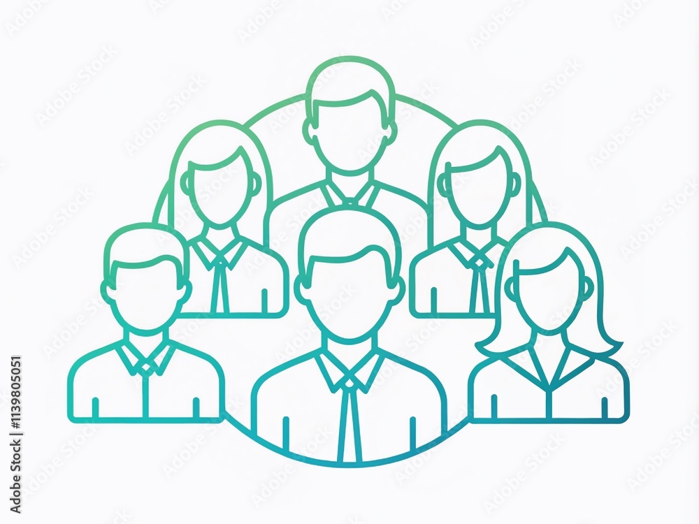 Teal-hued icon representing a group of people, embodying teamwork, collaboration, community, and connection through minimalist line art in contemporary design. Teal-hued icon representing a group of people, embodying teamwork, collaboration, community, and connection through minimalist line art in contemporary design.