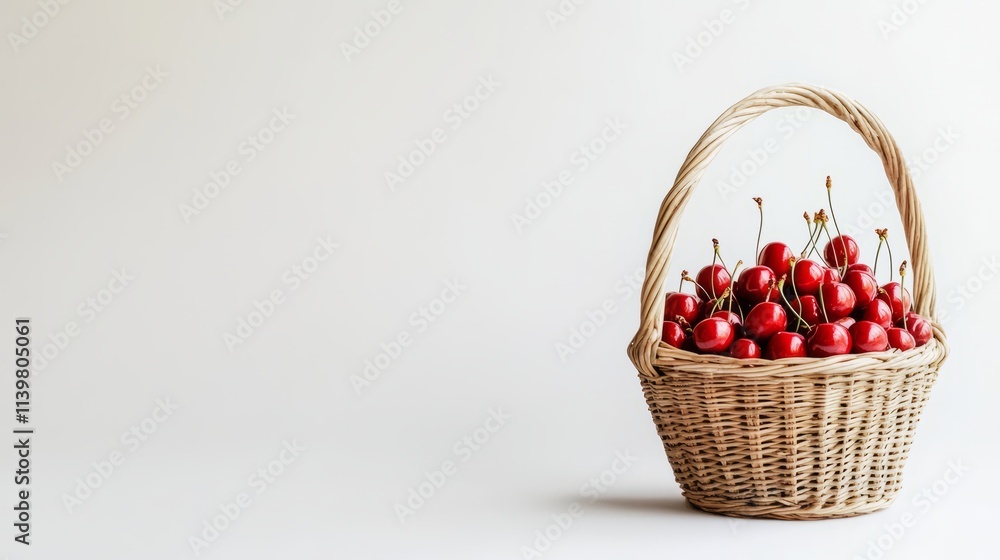 Harvest of red ripe cherries collected in a basket on a white background, agribusiness concept, organic healthy food and non-GMO fruits with space for text Harvest of red ripe cherries collected in a basket on a white background, agribusiness concept, organic healthy food and non-GMO fruits with space for text
