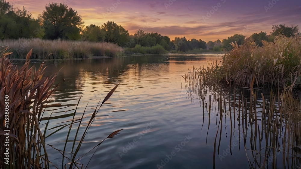 Serene Sunset River: A picturesque scene of a calm river at sunset, with reeds swaying gently in the water. The tranquil atmosphere is enhanced by the soft, golden light that bathes the landscape. Serene Sunset River: A picturesque scene of a calm river at sunset, with reeds swaying gently in the water. The tranquil atmosphere is enhanced by the soft, golden light that bathes the landscape.