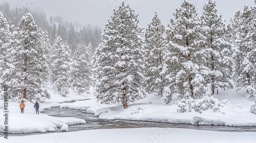 Snow covered winter landscape with river and hikers.