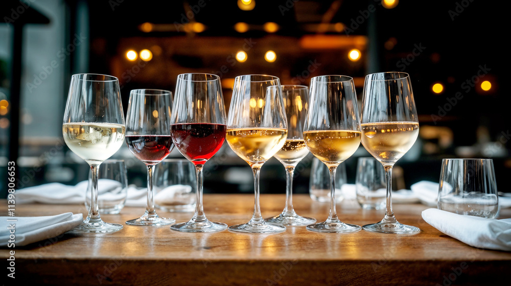 Delicious Wine Glasses in a Fancy Restaurant, Elegant Wine Tasting Experience with White and Red Wines, Website Background Banner or Header Delicious Wine Glasses in a Fancy Restaurant, Elegant Wine Tasting Experience with White and Red Wines, Website Background Banner or Header