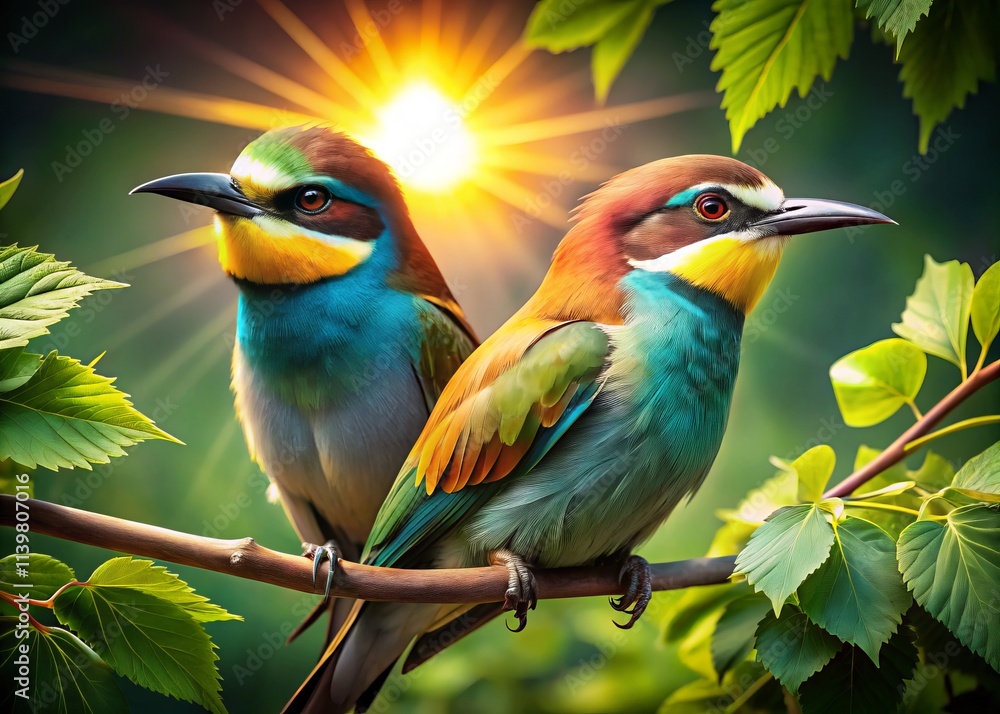 Fototapeta premium Worm's Eye View: Birds on Lush Branch - Close-Up Nature Photography