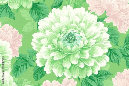 Seamless repeating texture with vibrant green, white floral pattern, pastel turquoise flowers, soft pink leaves, ideal for fabric printing