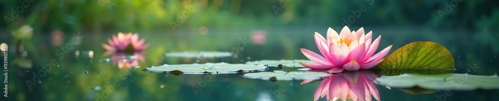 Water lily flowers blooming on surface of clear lake water, summer, waterlilies Water lily flowers blooming on surface of clear lake water, summer, waterlilies