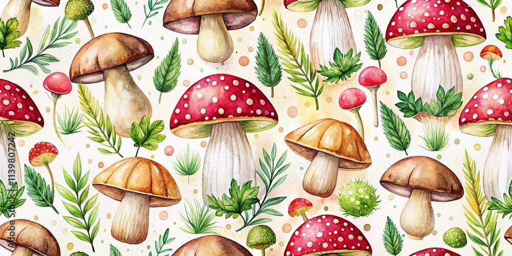 This elegant watercolor seamless pattern showcases shiitake mushrooms adorned with a charming bokeh effect, ideal for enhancing culinary designs, textiles, and stationery collections. This elegant watercolor seamless pattern showcases shiitake mushrooms adorned with a charming bokeh effect, ideal for enhancing culinary designs, textiles, and stationery collections.