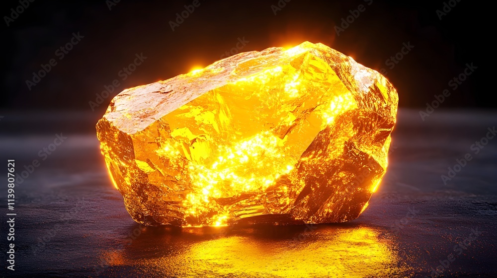 Close-up of a gleaming golden rock on a dark surface, shiny and smooth, capturing wealth and luxury, illuminated in soft, warm light Close-up of a gleaming golden rock on a dark surface, shiny and smooth, capturing wealth and luxury, illuminated in soft, warm light