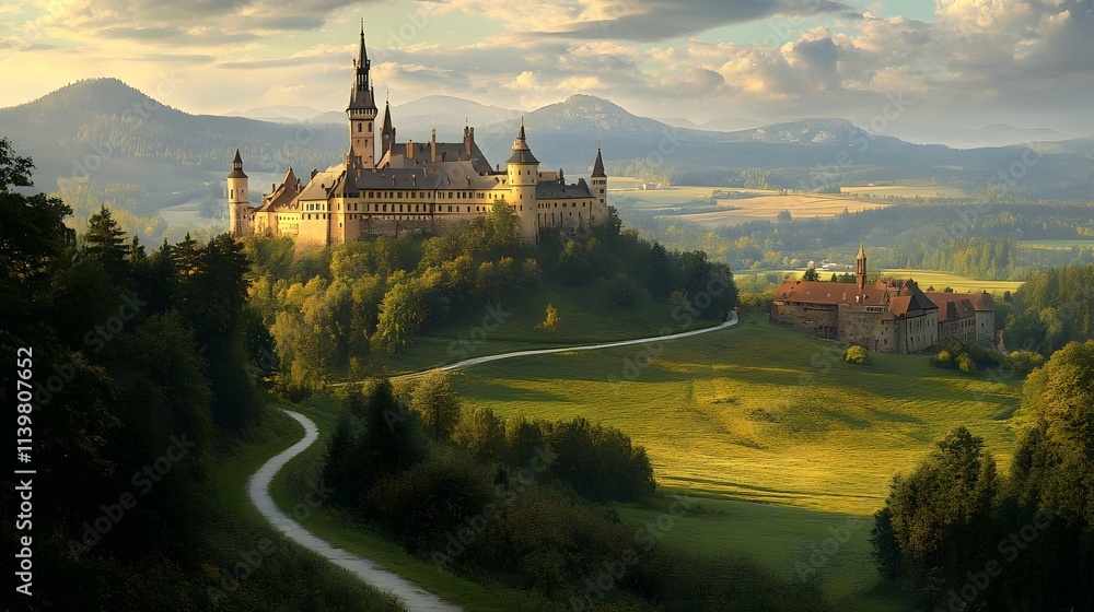 Fototapeta premium A castle situated on a hill, surrounded by green trees and hills, with visible paths leading to it. The scene is set against a backdrop of rolling mountains under soft light