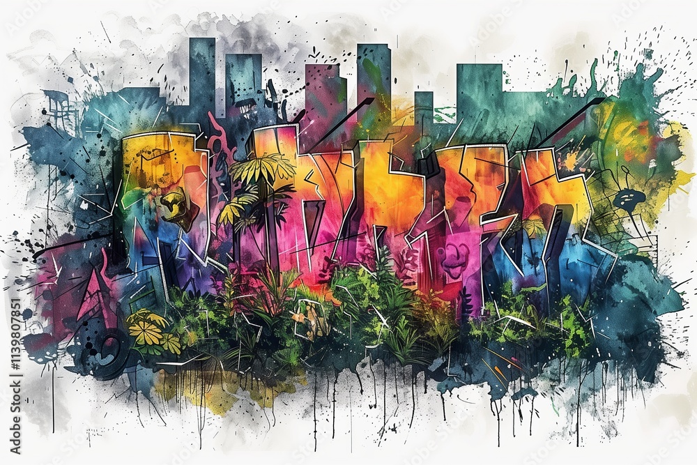 Naklejka premium Colorful street graffiti art with urban backdrop and vibrant splashes of paint.