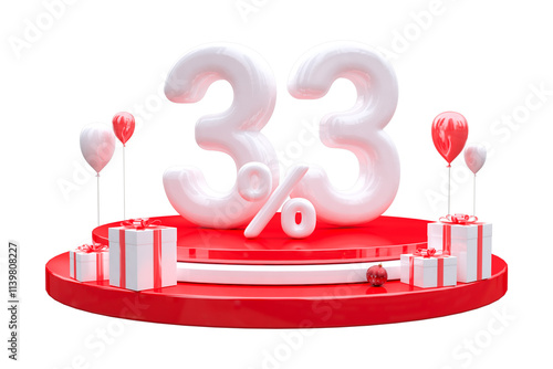 Christmas sale 33 percent stand on podium with gift box and floating balloon