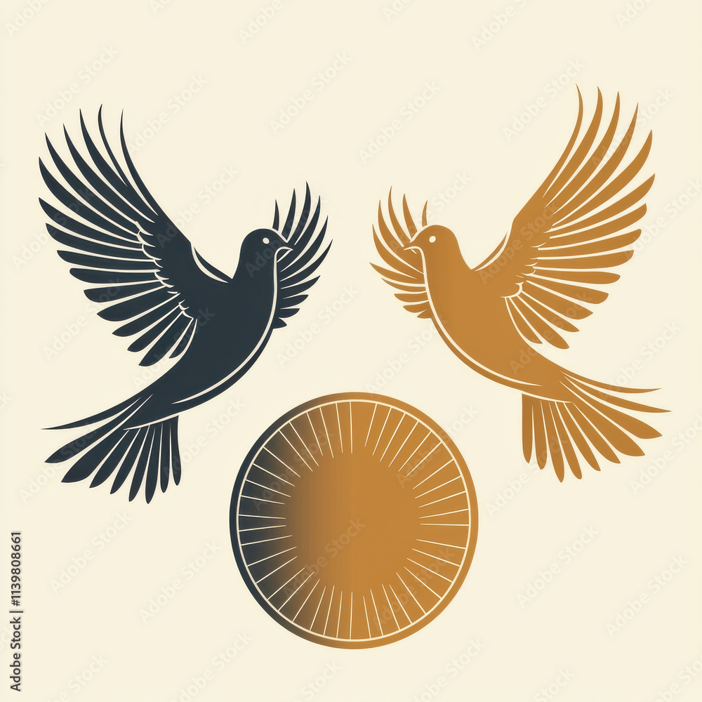 Obraz premium Stylized dove pair icon with minimalist design, featuring two birds in flight and circular sun element. This artwork conveys harmony and peace