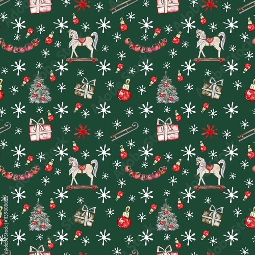 Christmas seamless pattern with gift boxes, retro toys, balls and christmas tree. Hand drawn illustration in sketch style. Template for wrapping paper and textile.