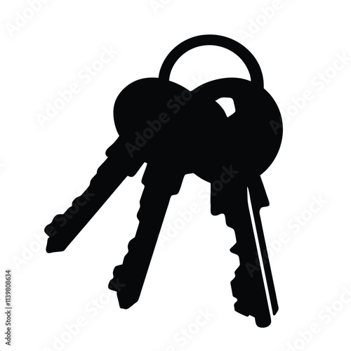 Keychain with multiple keys black silhouette illustration isolated on a white background