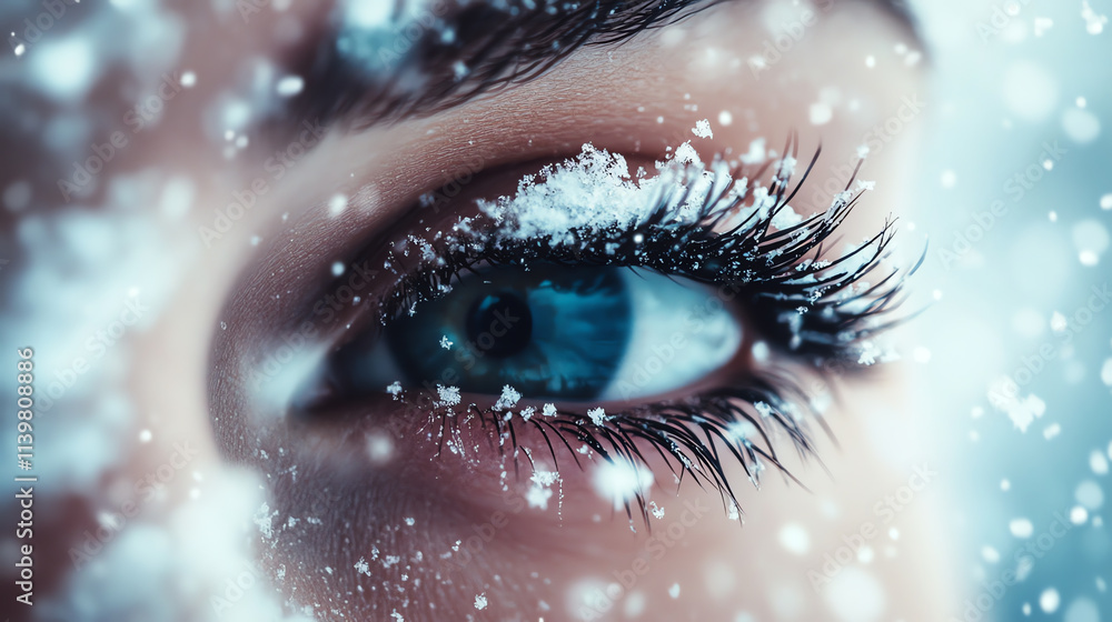 Blue eye with winter snow and frost macro Blue eye with winter snow and frost macro