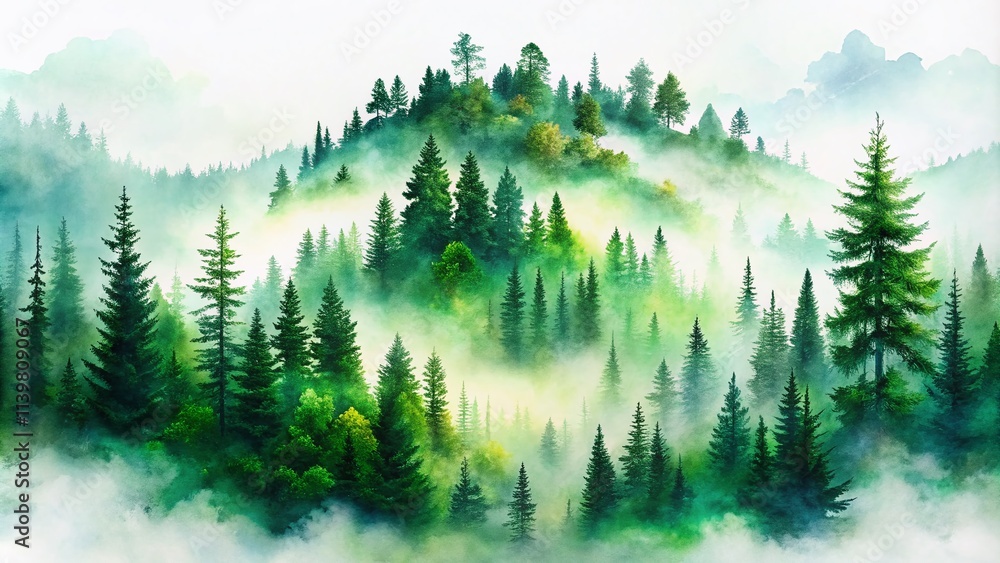 Fototapeta premium This watercolor artwork merges a foggy forest hill with evergreen trees, enveloped in mist, evoking a serene, dreamlike landscape full of mystery and allure.