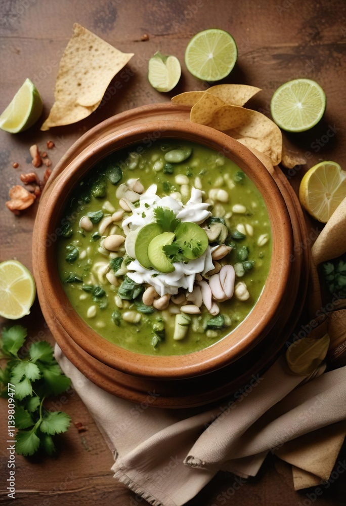 Fototapeta premium Rich and creamy pozole verde in a earthenware bowl , rustic, soup