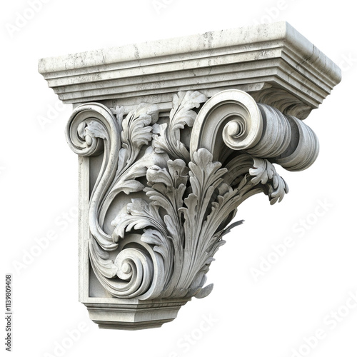 Hyper-realistic side view of a Roman entablature on white background: Intricate carved details, museum-grade quality, ideal for archaeological documentation and study. photo