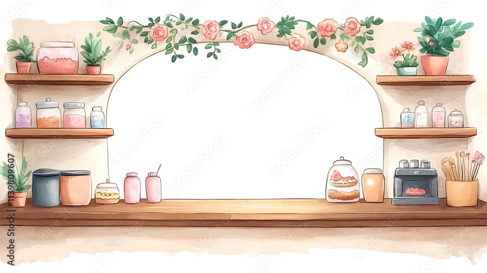 Obraz premium A watercolor illustration of a kitchen counter with shelves, potted plants, and jars of ingredients, featuring a large arched window frame with a floral arch.