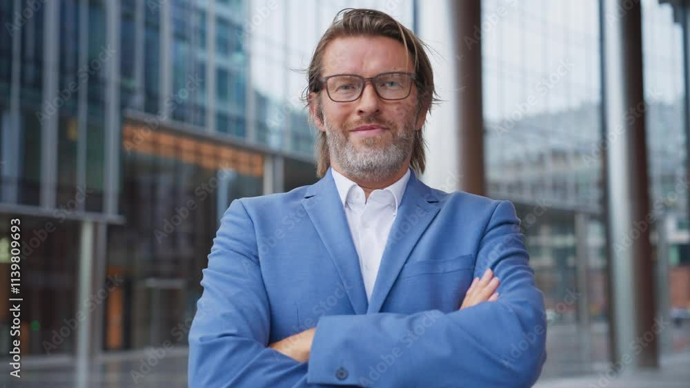 Handsome Caucasian male with grey beard and long hair crossing his hands. Looking directly at camera and smiling with confidence. Wearing glasses, blue suit and white shirt. Business owner. Handsome Caucasian male with grey beard and long hair crossing his hands. Looking directly at camera and smiling with confidence. Wearing glasses, blue suit and white shirt. Business owner.