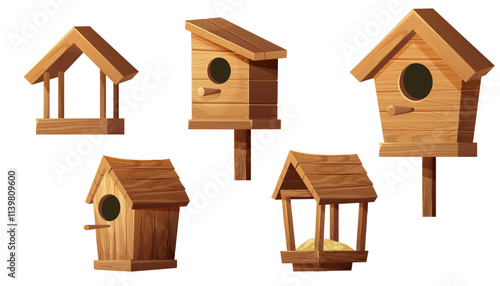 Set wooden bird feeder and bird house with roof, hole and seeds isolated on white background. Hanging construction, bird care.