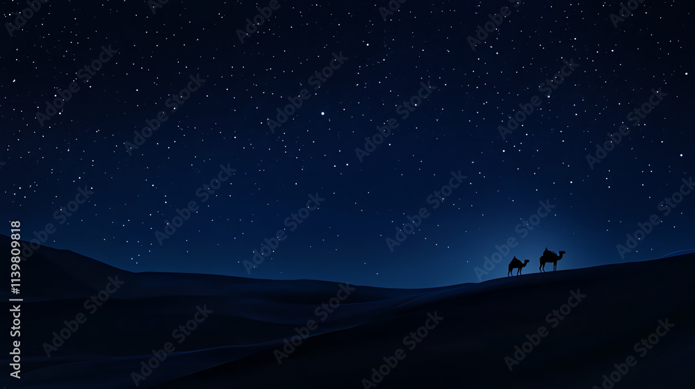 Desert camels silhouette under starry night sky Desert camels silhouette under starry night sky