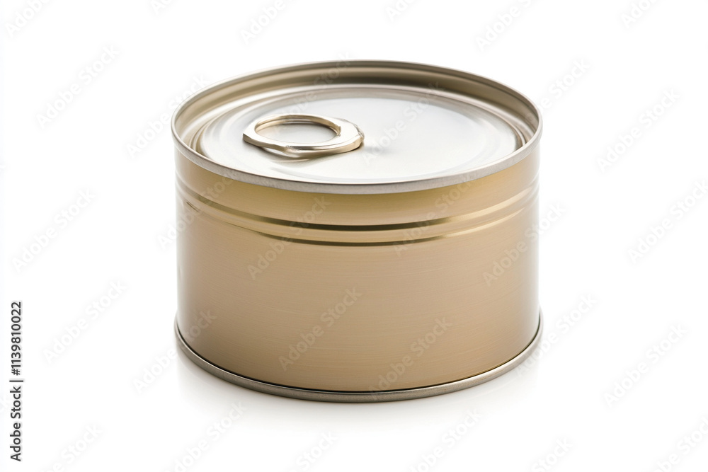 A tall round metal can of canned fish with an easy-opener. A tall round metal can of canned fish with an easy-opener.