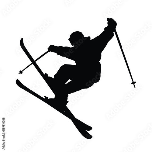 Skier mid air silhouette illustration isolated on a white background