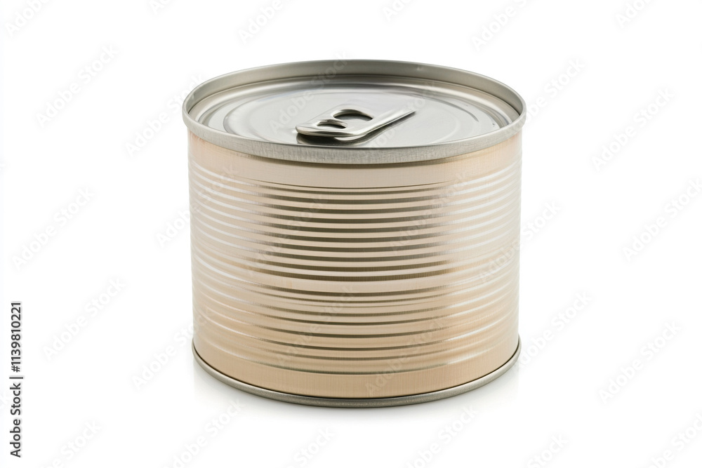 A tall round metal can of canned meat or vegetables with an easy-opener. A tall round metal can of canned meat or vegetables with an easy-opener.