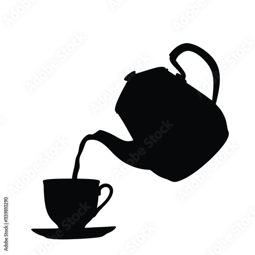 Teapot pouring liquid into a cup vector silhouette illustration isolated on a white background