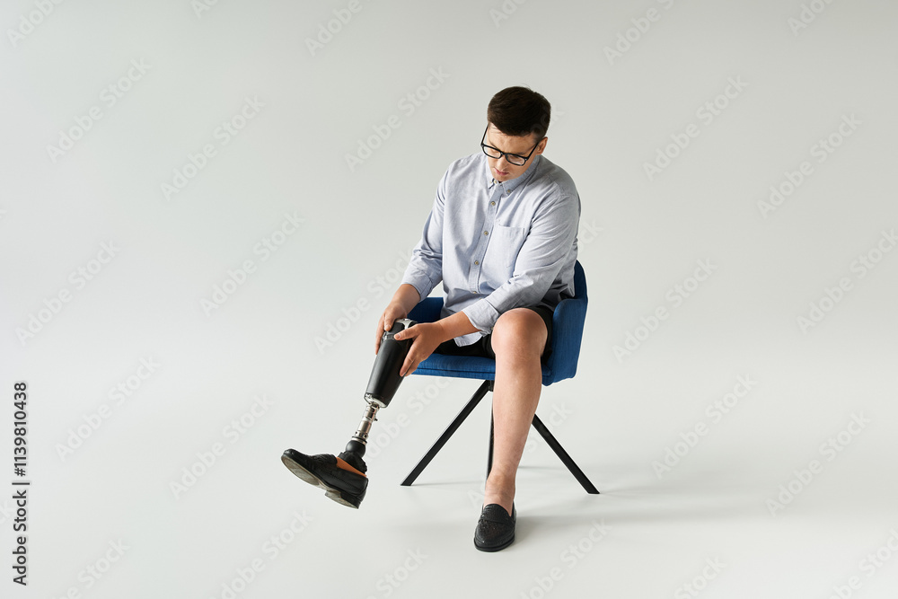 Young handsome man is adjusting his prosthetic leg while seated in a chair. Young handsome man is adjusting his prosthetic leg while seated in a chair.