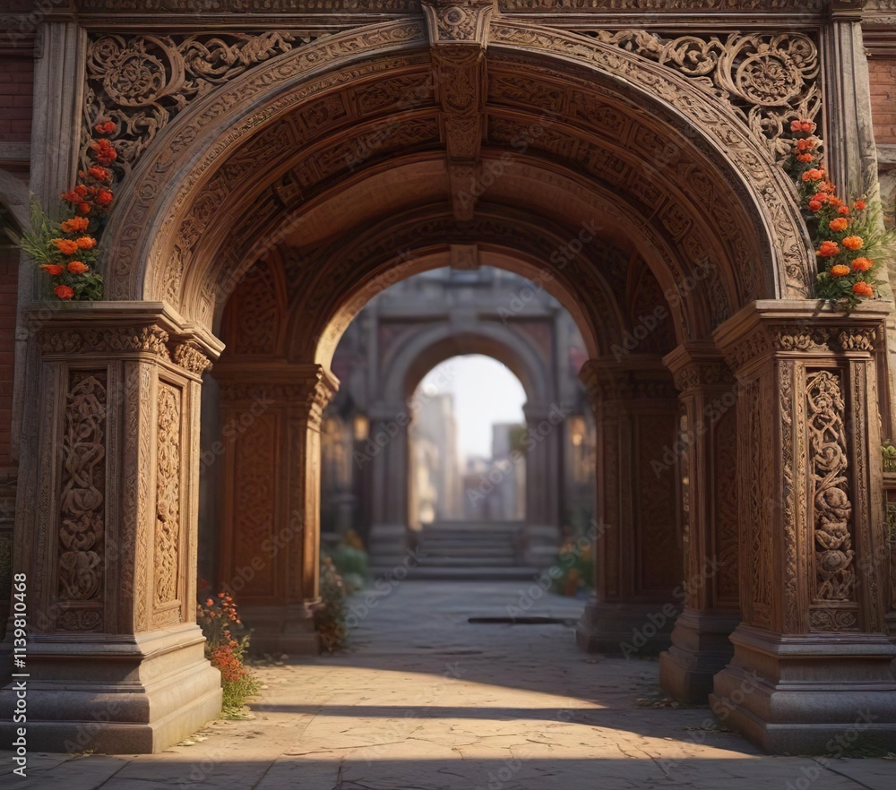 Naklejka premium Ornate archway with floral motifs and intricate carvings, ornate, motifs