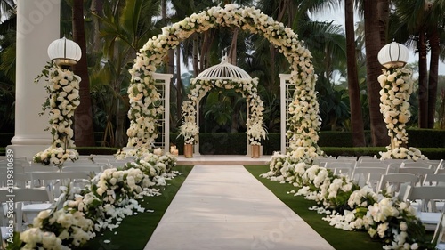 Elegant Wedding Ceremony Setup: Aisle Decor with White Flowers and Archway