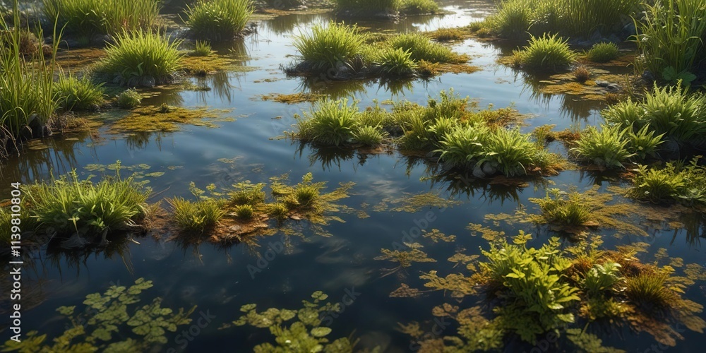 Muddy water surface with algae growth and aquatic plants, aquatic plants, swampy terrain Muddy water surface with algae growth and aquatic plants, aquatic plants, swampy terrain