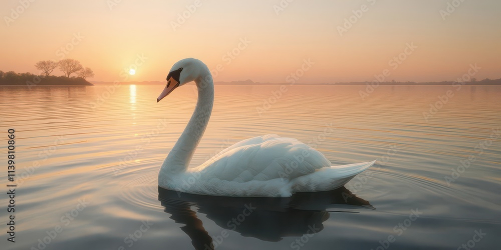 Fototapeta premium Elegant swan gracefully gliding on calm sunrise water, symbolic, wings