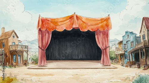 A watercolor painting of a stage with red curtains set up in a western town.
