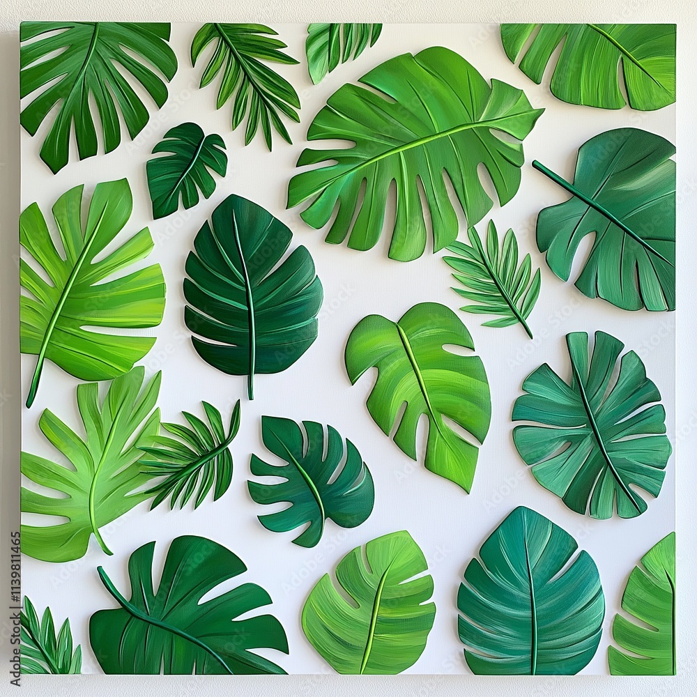 Fototapeta premium Layered tropical green leaves scattered over a white canvas