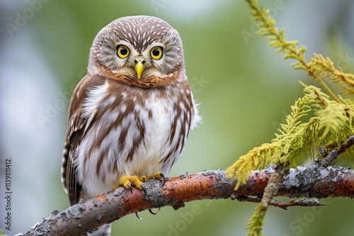 Eurasian pygmy owl looking around while sitting on a tree branch