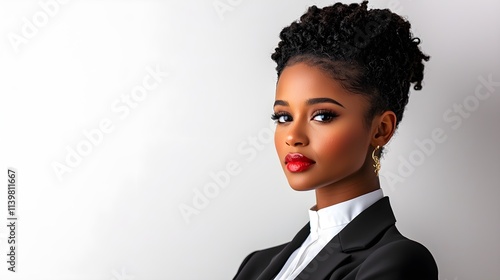 close-up of confident African American female CEO, sharp business suit, poised expression, professional setting, isolated on white background