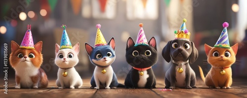 A team of seven pets, including cats and dogs, all wearing colorful birthday hats and posing for the celebration.