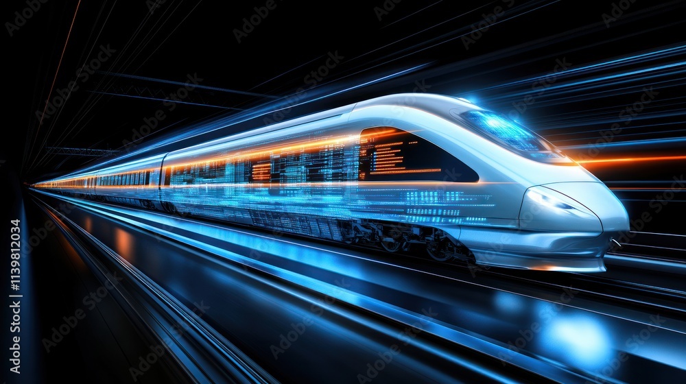 High speed train in motion with glowing data visualizations on its side, set against a black background with blue and white tones, showcasing futuristic smart cities and AI driven transportation